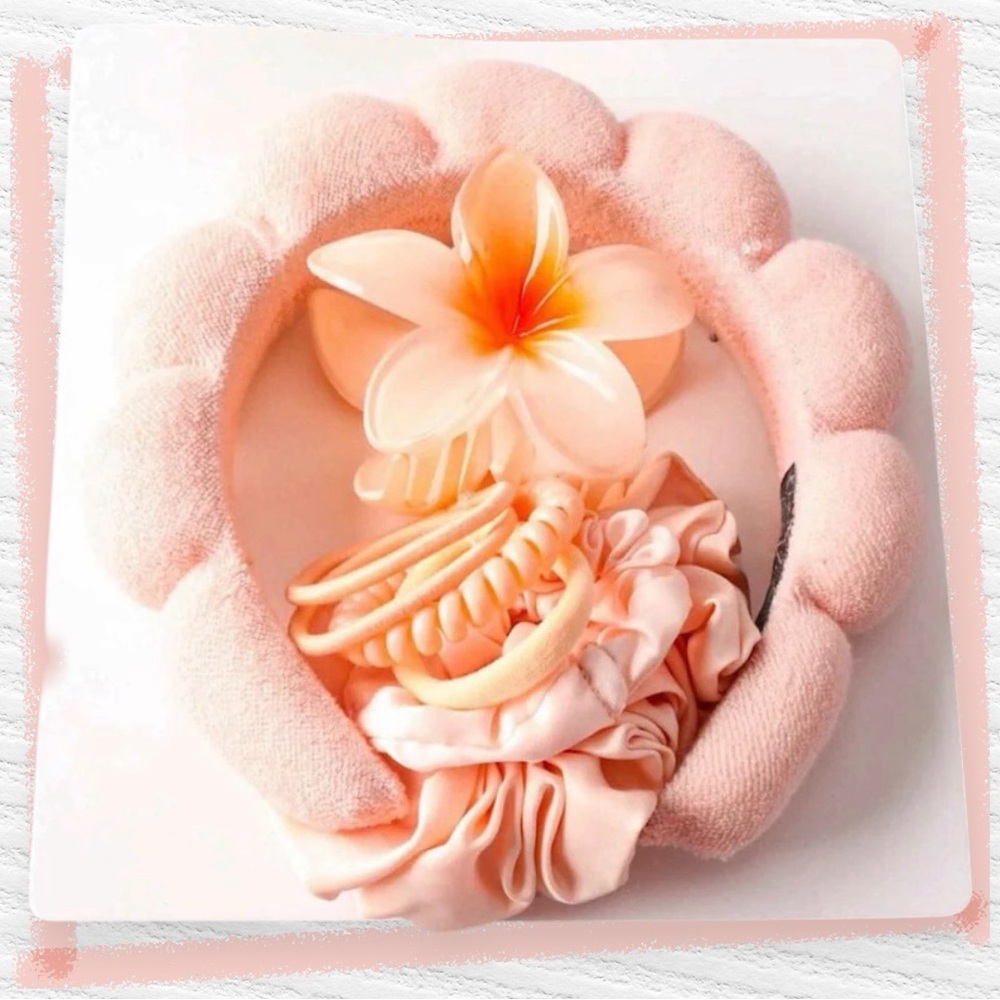 Peach Pink Floral Puff Headband with Scrunchie & Clips